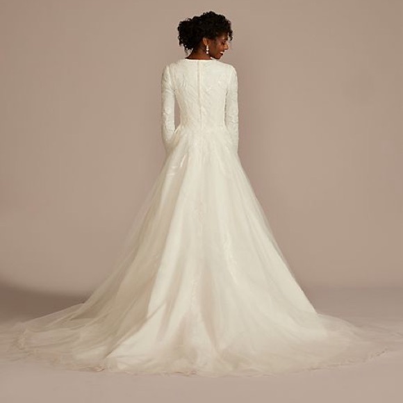 Lace & Tulle A-Line Modest Wedding Dress - Picture 4 of 9